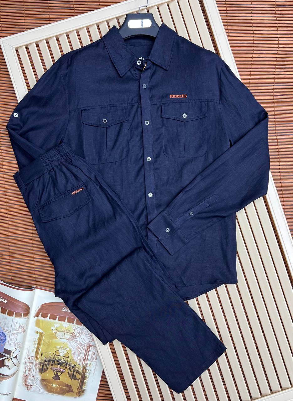 Темно-синий костюм льняной Hermes BP-35043 Темно-синий костюм льняной Hermes BP-35043