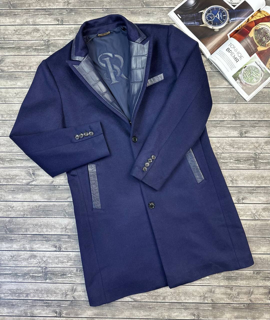 Темно-синее кашемировое пальто с кожаными вставками крокодила Stefano Ricci BP-45349 Темно-синее кашемировое пальто с кожаными вставками крокодила Stefano Ricci BP-45349